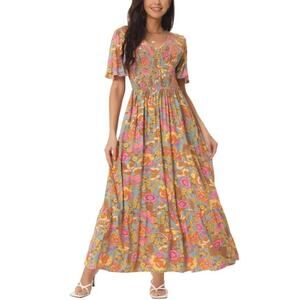 70s Boho Floral Maxi Dress, Short Sleeves and Pockets, vintage inspired, Large